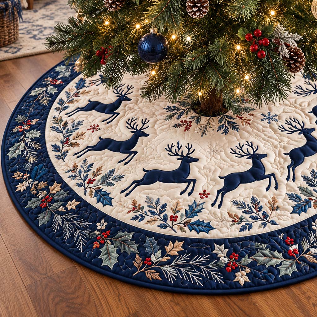 Navy Winter Reindeer Quilted Tree Skirt SN0HH1108
