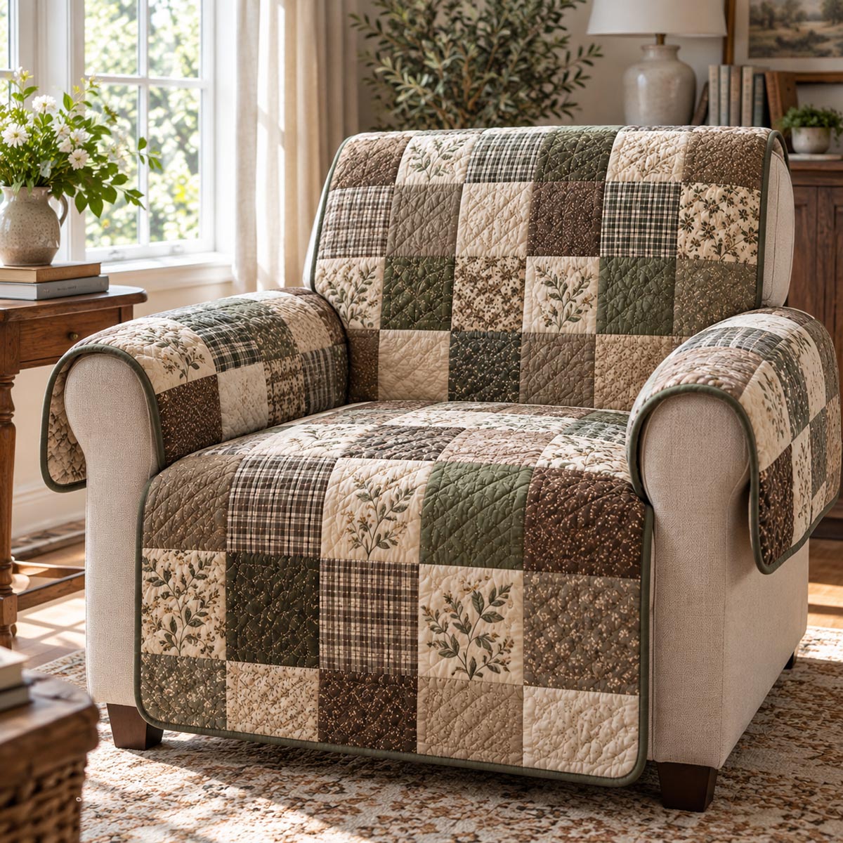 Neutral Cottage Squares Quilted Sofa Cover SN0DV1057