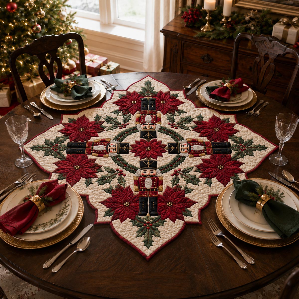 Nutcracker Poinsettia Star Custom Shape Quilted Table Topper SN0DV328