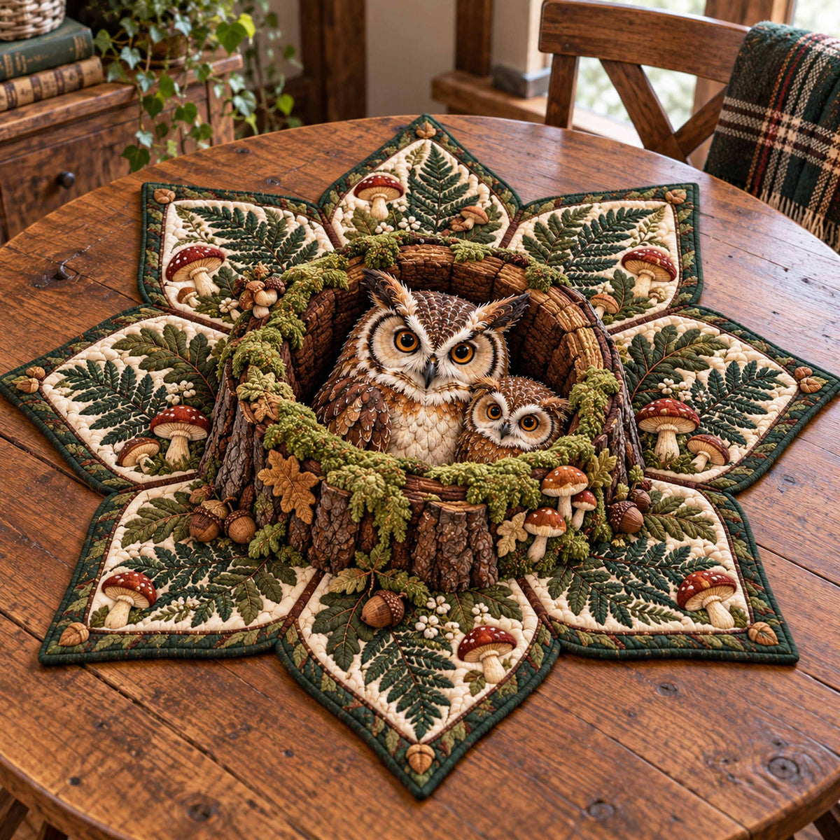 Owl Retreat Custom Shape Quilted Table Topper SN0TD929