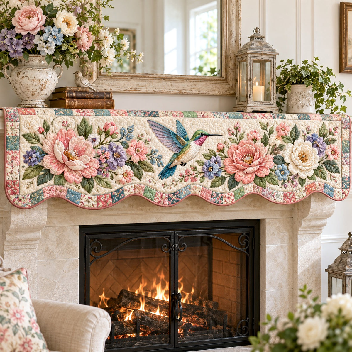 Patchwork Peony Hummer Quilted Mantel Scarf SN0TV954