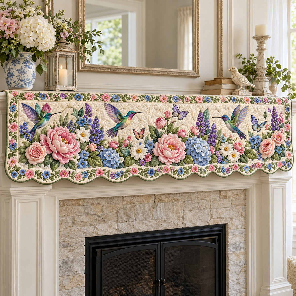 Peony Butterfly Hummers Quilted Mantel Scarf SN0TV953