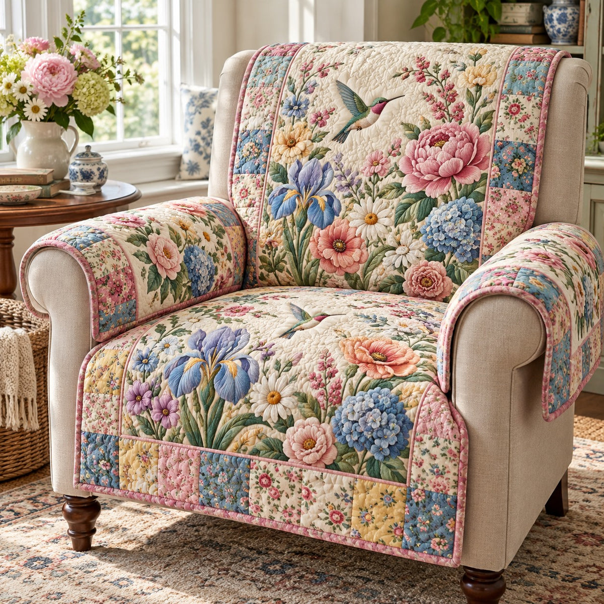 Peony Iris Hummingbird Quilted Sofa Cover SN0DV1096