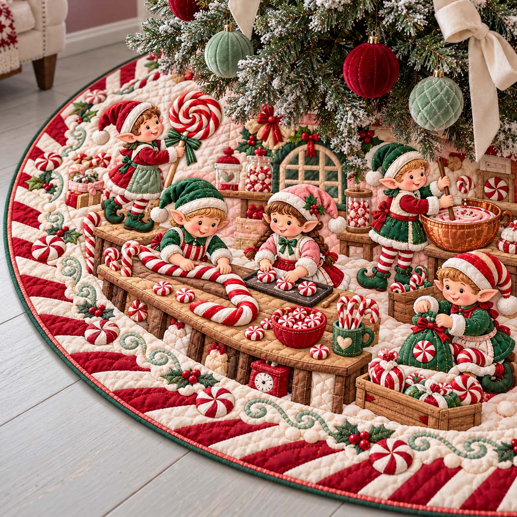 Peppermint Candy Elves Quilted Tree Skirt SN0HH1091