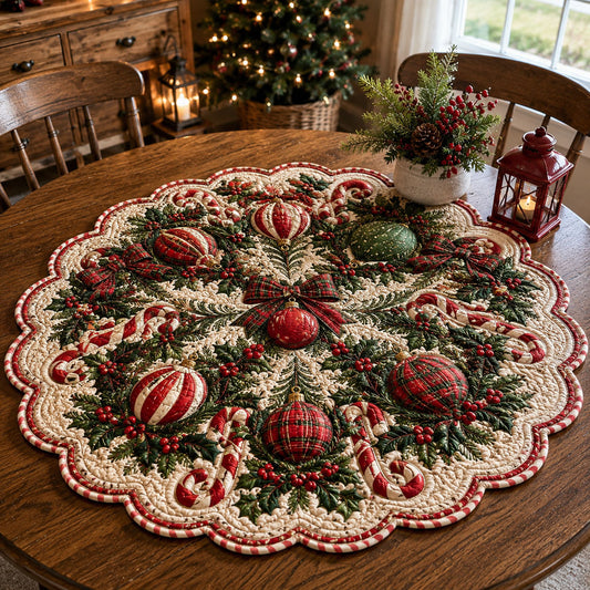 Peppermint Holiday Wreath Custom Shape Quilted Table Topper SN0PT977