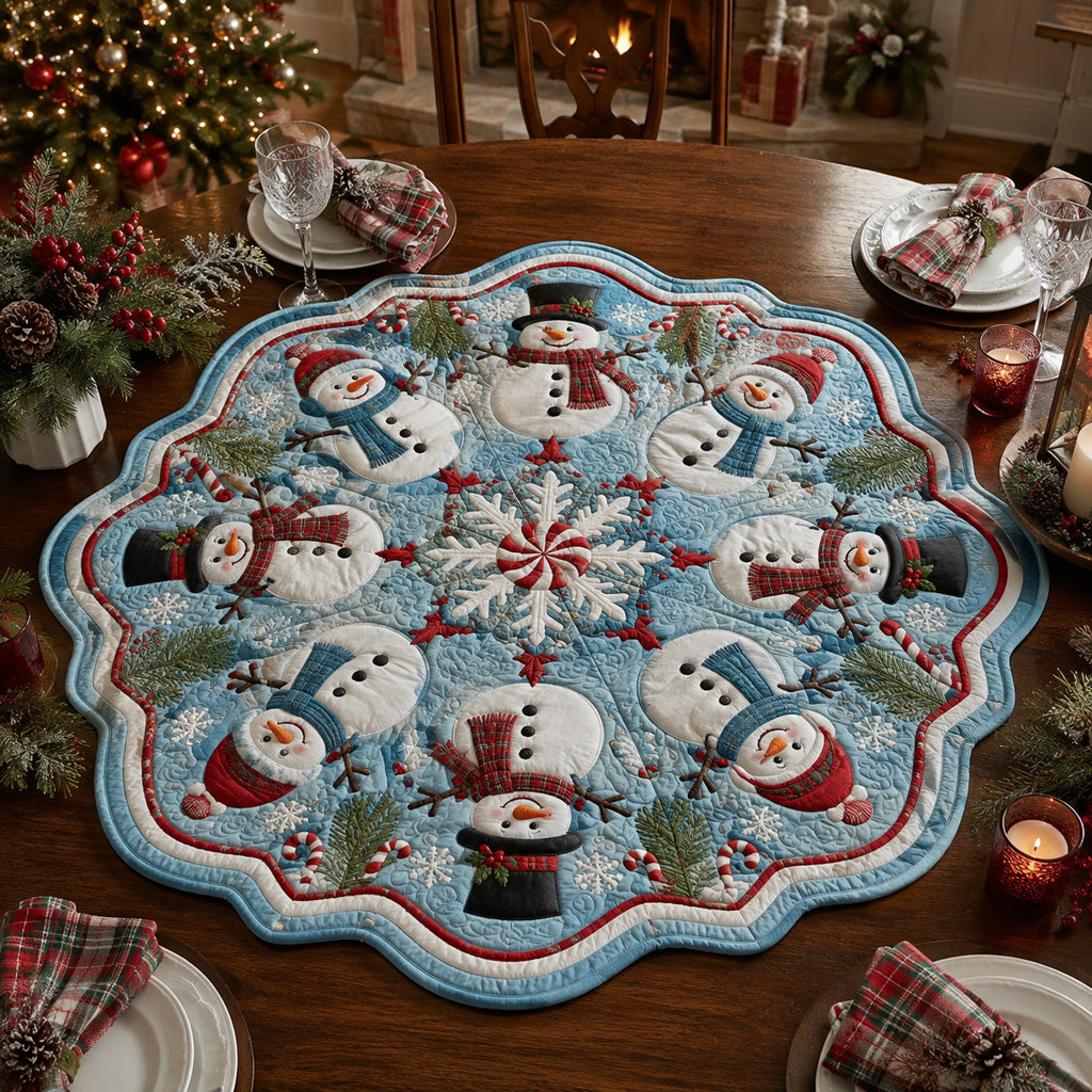 Peppermint Snowman Swirl Custom Shape Quilted Table Topper SN0HH0078