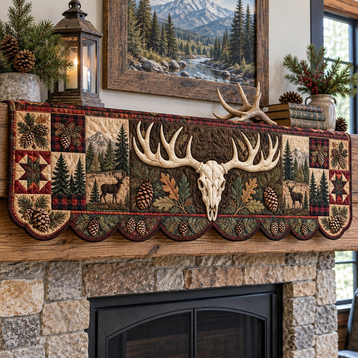 Pinecone Deer Skull Quilted Mantel Scarf SN0TV1043