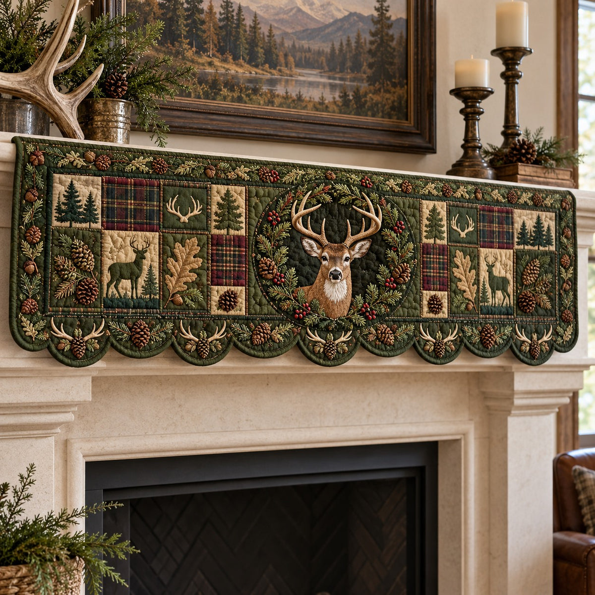 Plaid Antler Wreath Quilted Mantel Scarf SN0TV1037