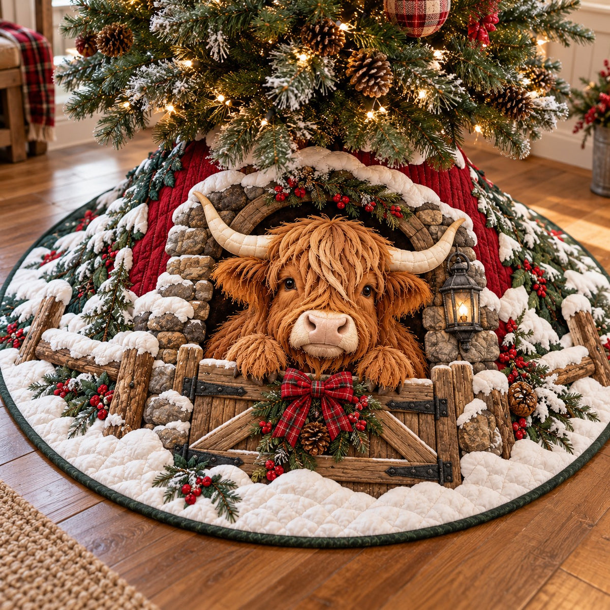 Plaid Bow Stone Barn Cow Christmas Quilted Tree Skirt SN0TV1074