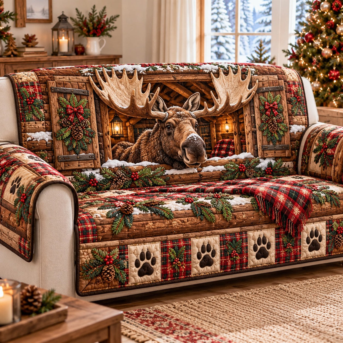 Plaid Paw Moose Quilted Sofa Cover SN0TD1299