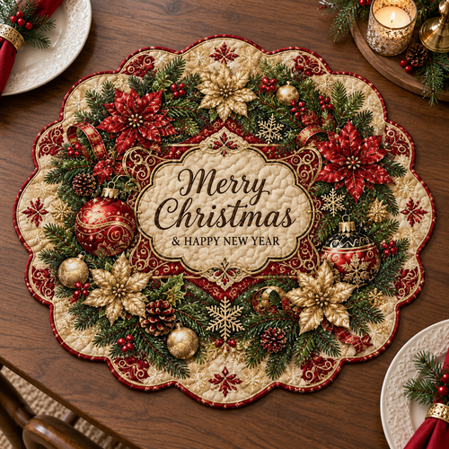 Poinsettia Christmas Custom Shape Quilted Table Topper SN0DV297