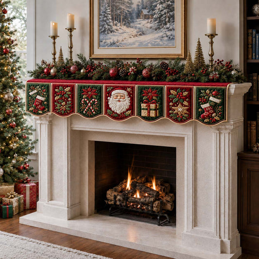 Poinsettia Santa Claus Quilted Mantel Scarf SN0HH0228
