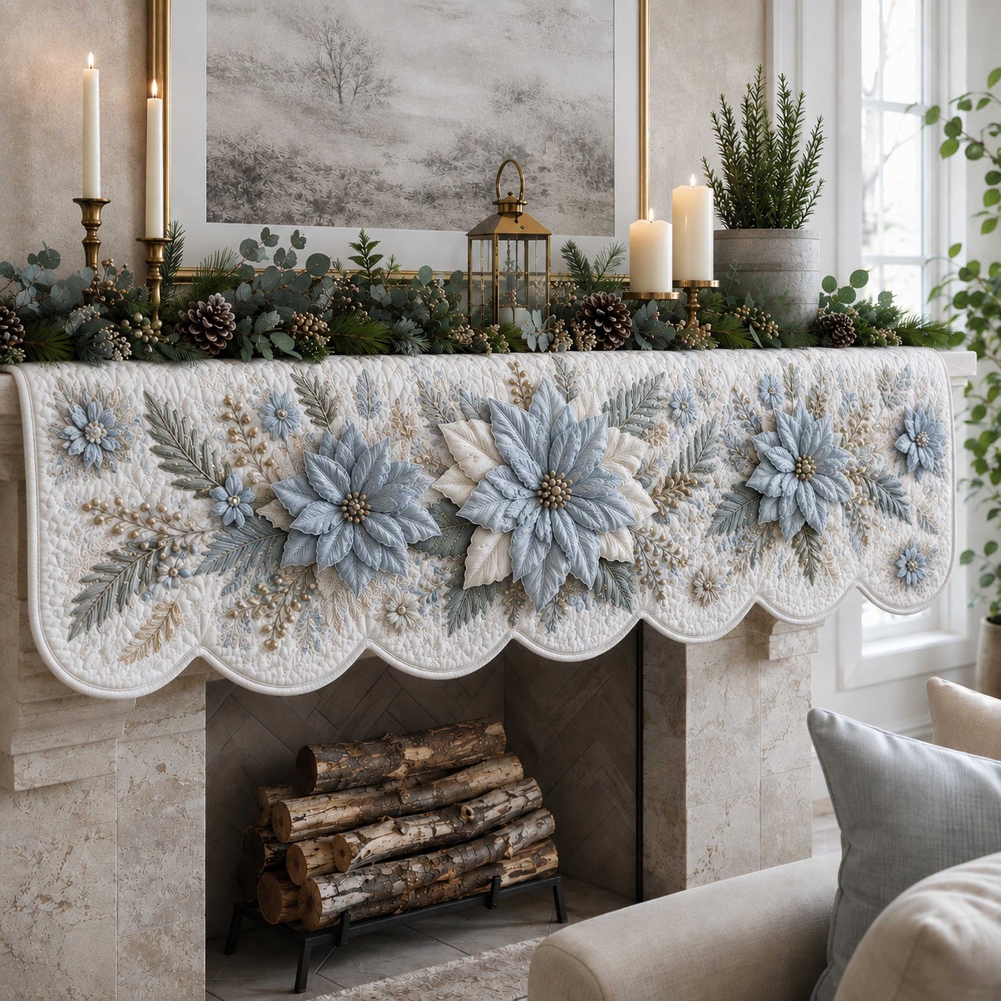 Poinsettia Bloom Quilted Mantel Scarf SN0TD252
