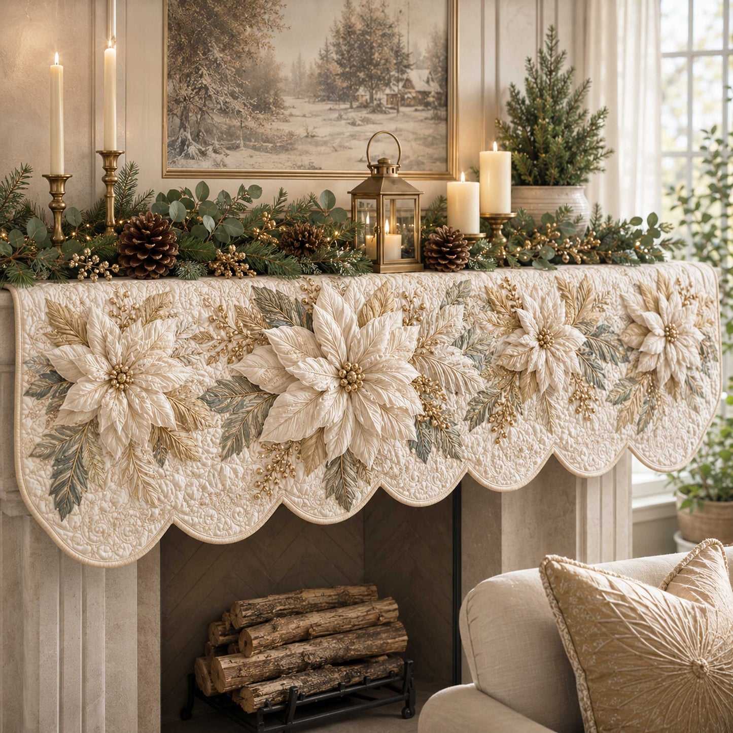 Poinsettia Charm Quilted Mantel Scarf SN0TD255