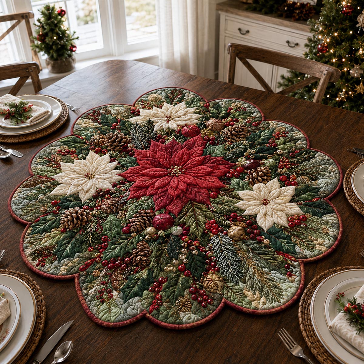 Poinsettia Evergreen Wreath Custom Shape Quilted Table Topper SN0DV314