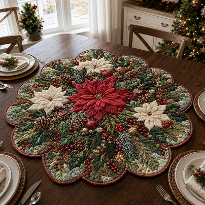 Poinsettia Evergreen Wreath Custom Shape Quilted Table Topper SN0DV314
