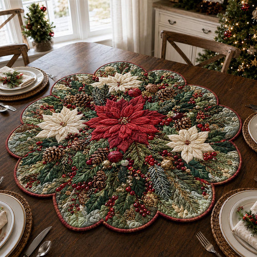 Poinsettia Evergreen Wreath Custom Shape Quilted Table Topper SN0DV314