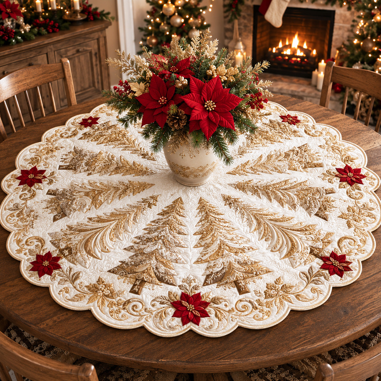 Poinsettia Frost Custom Shape Quilted Table Topper SN0TV115