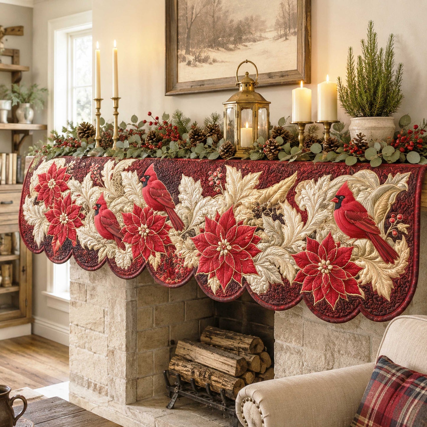Poinsettia Garden Quilted Mantel Scarf SN0TD253