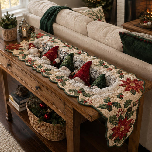 Poinsettia Gnome Garden Custom Shape Quilted Table Runner SN0DV441