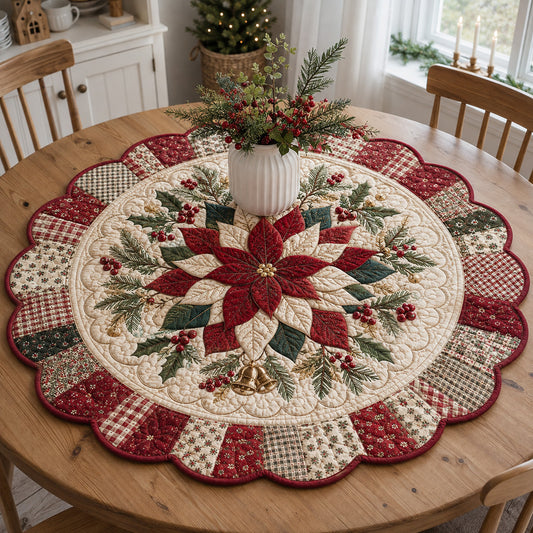 Poinsettia Golden Chimes Custom Shape Quilted Table Topper SN0HH0098