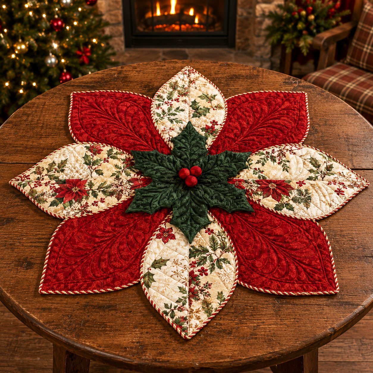 Poinsettia Grace Custom Shape Quilted Table Topper SN0TV097