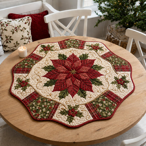 Poinsettia Harvest Plaid Custom Shape Quilted Table Topper SN0HH0099