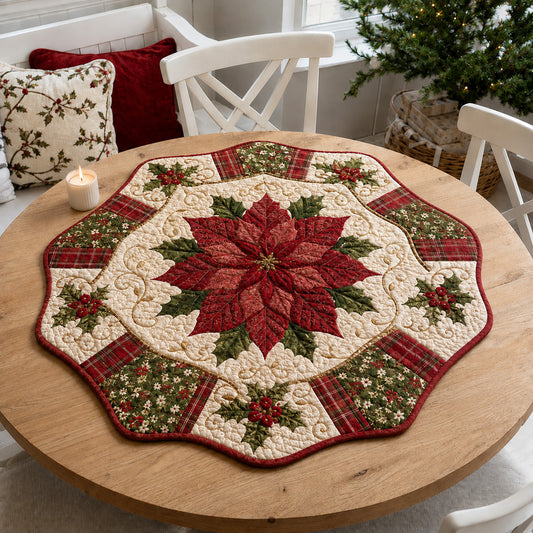Poinsettia Harvest Plaid Custom Shape Quilted Table Topper SN0HH0099