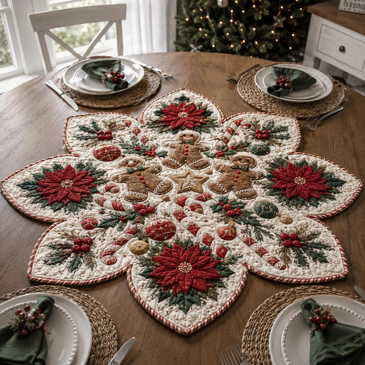 Poinsettia Holly Custom Shape Quilted Table Topper SN0DV312