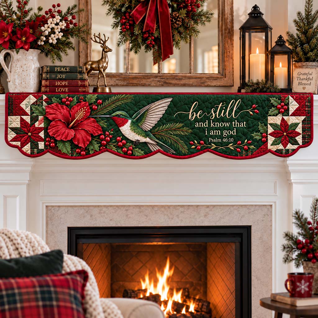 Poinsettia Hummingbird Quilted Mantel Scarf SN0HH0645