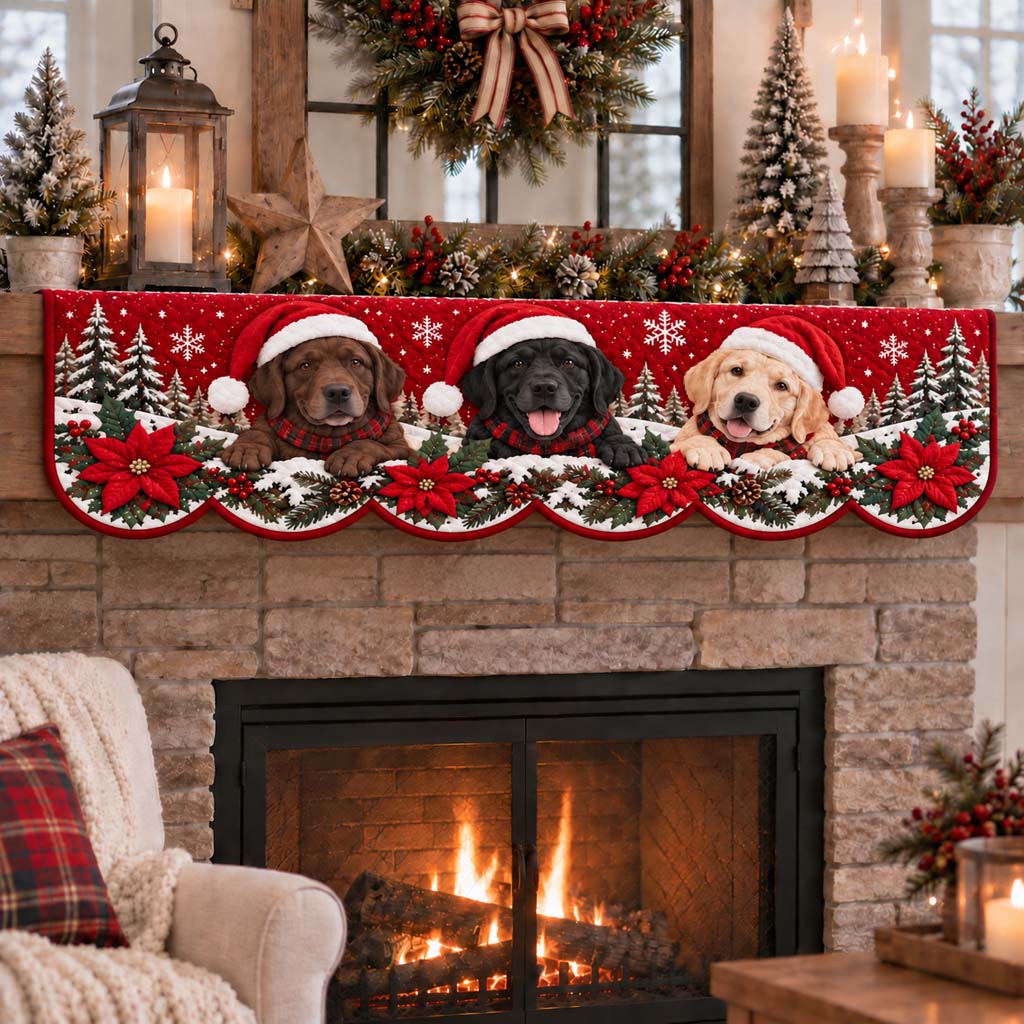 Poinsettia Labrador Santa Quilted Mantel Scarf SN0HH0472