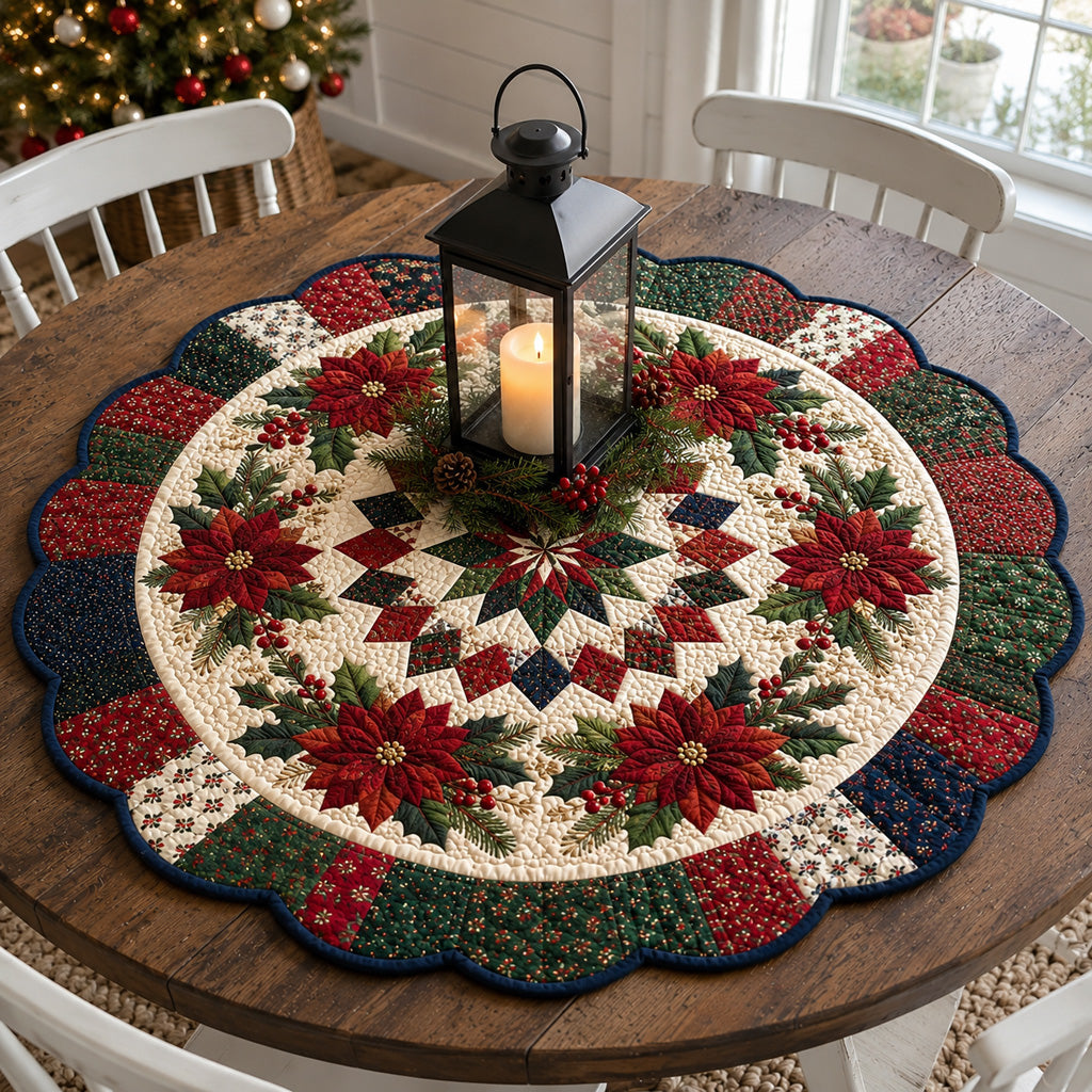 Poinsettia Lantern Glow Custom Shape Quilted Table Topper SN0HH0100