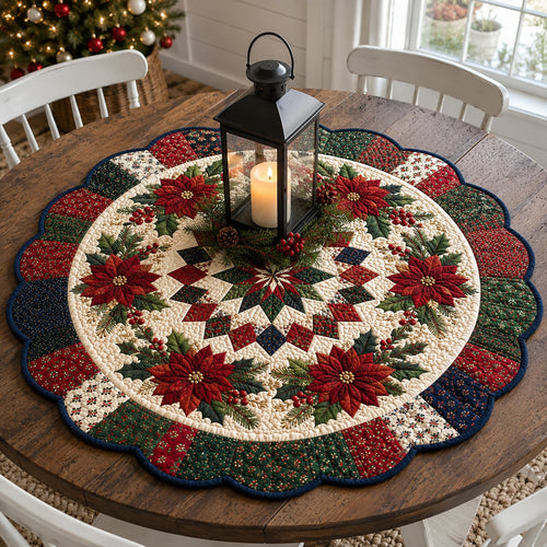 Poinsettia Lantern Glow Custom Shape Quilted Table Topper SN0HH0100