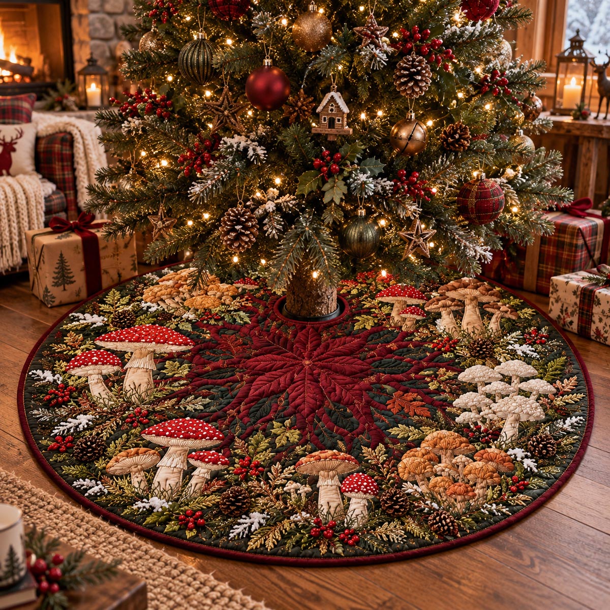 Poinsettia Mushroom Garden Christmas Quilted Tree Skirt SN0DV925