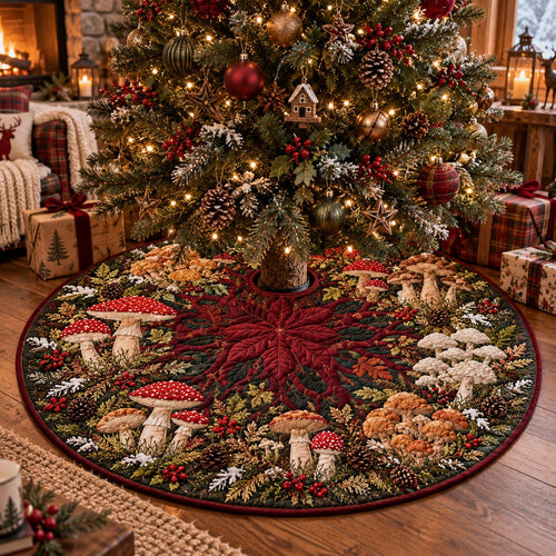 Poinsettia Mushroom Garden Christmas Quilted Tree Skirt SN0DV925