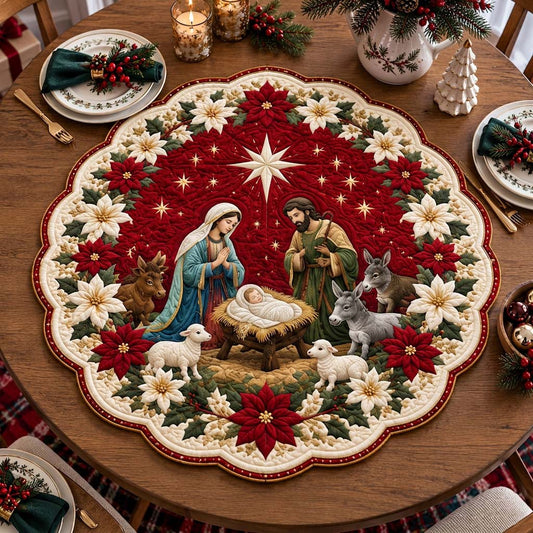 Poinsettia Nativity Blessing Custom Shape Quilted Table Topper SN0HH0307