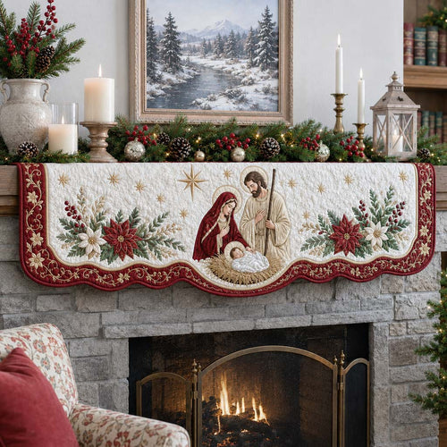 Poinsettia Nativity Bloom Quilted Mantel Scarf SN0HH0245