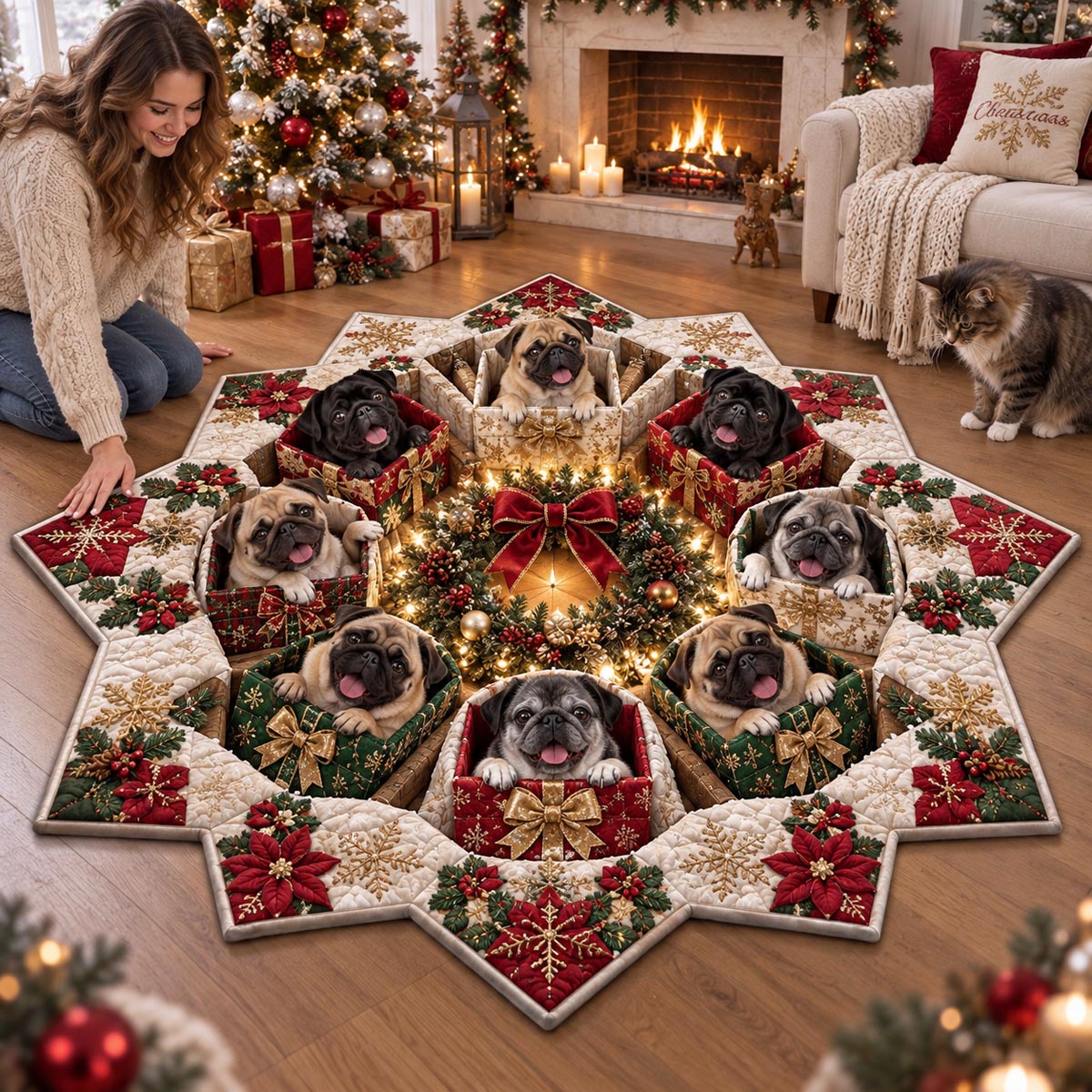 Poinsettia Pug Star Custom Shape Area Rug SN0DV789