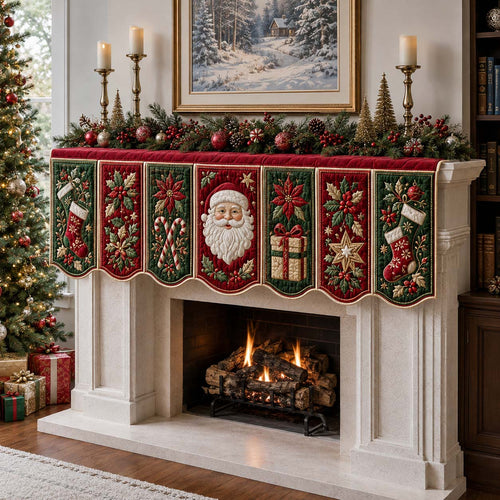 Poinsettia Santa Claus Quilted Mantel Scarf SN0HH0228