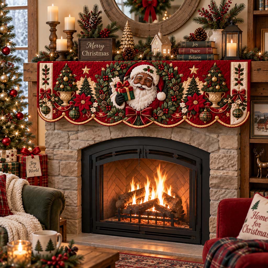 Poinsettia Santa Quilted Mantel Scarf SN0HH0387