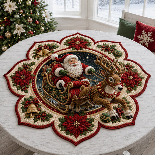 Poinsettia Santa Sleigh Custom Shape Quilted Table Topper SN0HH0146