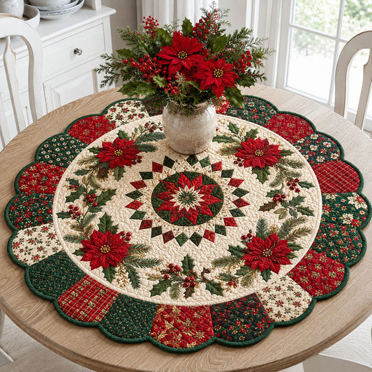 Poinsettia Scalloped Medallion Custom Shape Quilted Table Topper SN0HH0104