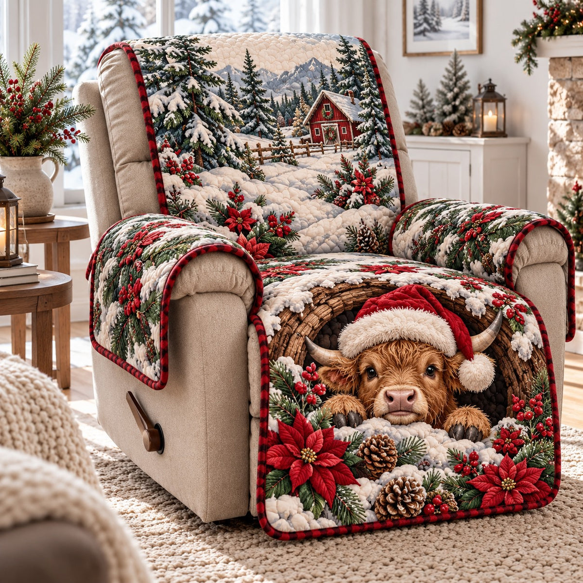 Poinsettia Snow Cabin Quilted Sofa Cover SN0TD1330