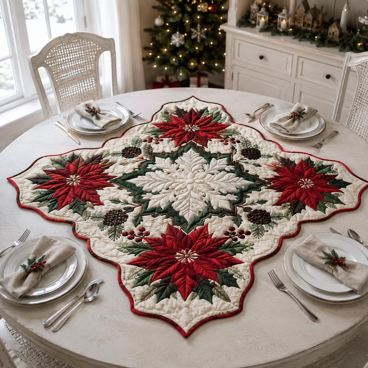 Poinsettia Snowflake Custom Shape Quilted Table Topper SN0DV322