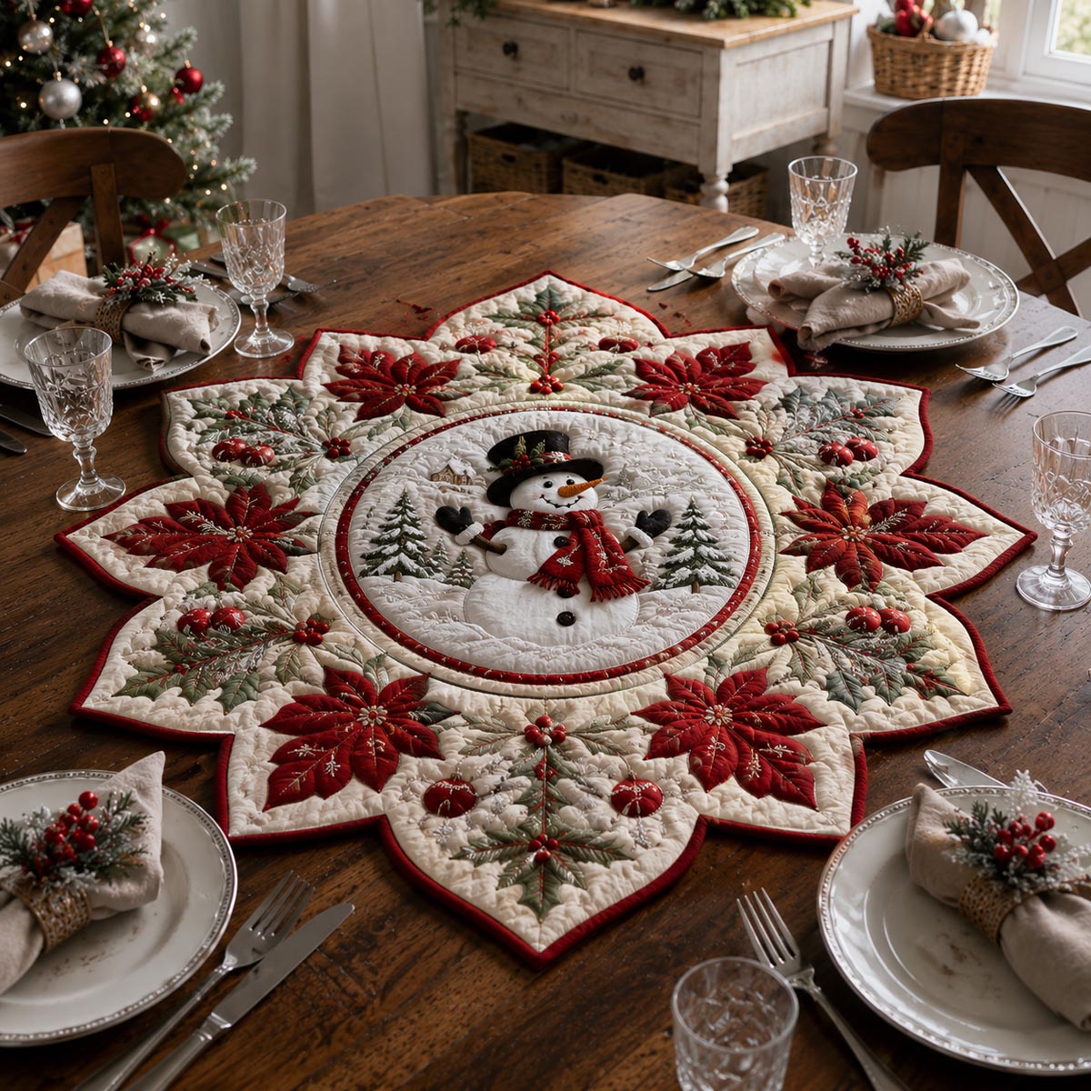 Poinsettia Snowman Medallion Custom Shape Quilted Table Topper SN0DV346
