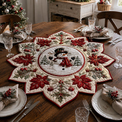 Poinsettia Snowman Medallion Custom Shape Quilted Table Topper SN0DV346