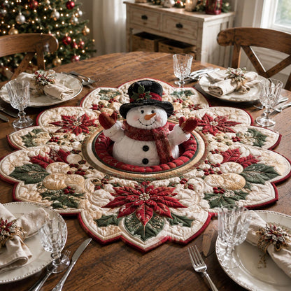 Poinsettia Snowman Wreath Custom Shape Quilted Table Topper SN0DV341