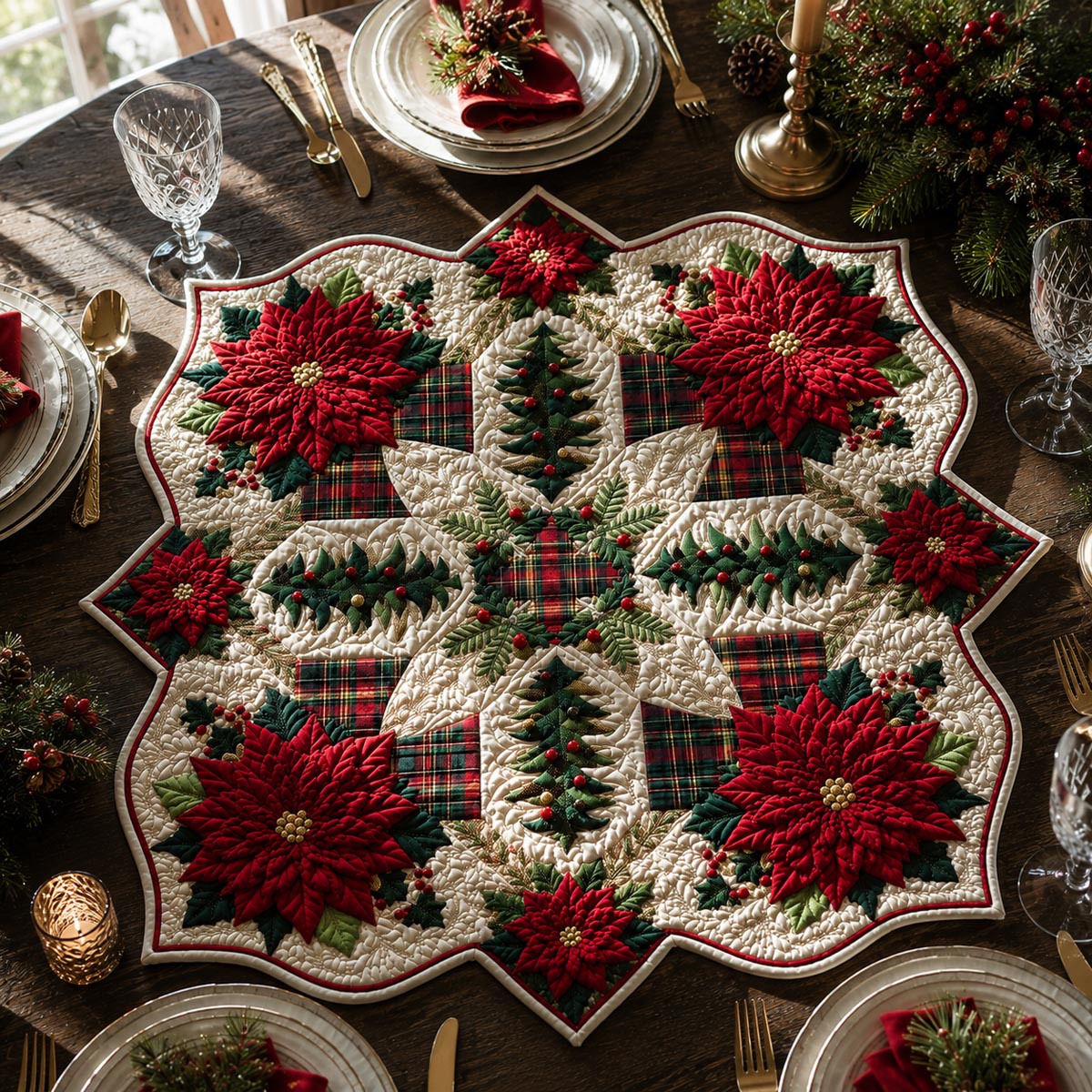Poinsettia Tree Custom Shape Quilted Table Topper SN0DV418