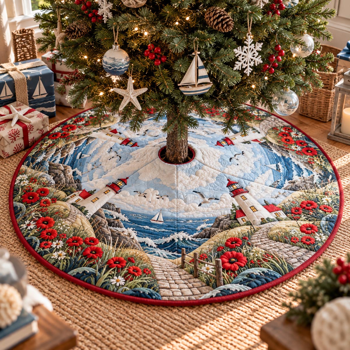 Poppy Lighthouse Coast Christmas Quilted Tree Skirt SN0DV1187
