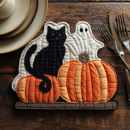 Pumpkin Ghost Cat Custom Shape Quilted Placemat NCU0LV049